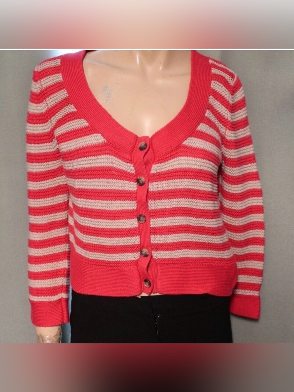 Theory Coral and Cream Striped Button-Front Cardigan 100% Cotton